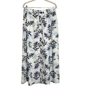 Marissa Olivia Womens Linen Blend Midi Skirt Large White Navy Floral Pull On